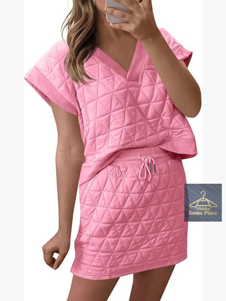 Medium Argyle 2-Piece Lounge Set, V-Neck Top & Mini Skirt, Stretchy Polyester